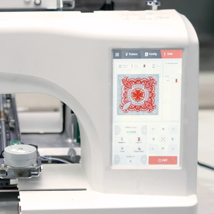 Empty run test on EOC06 embroidery machine before shipping.